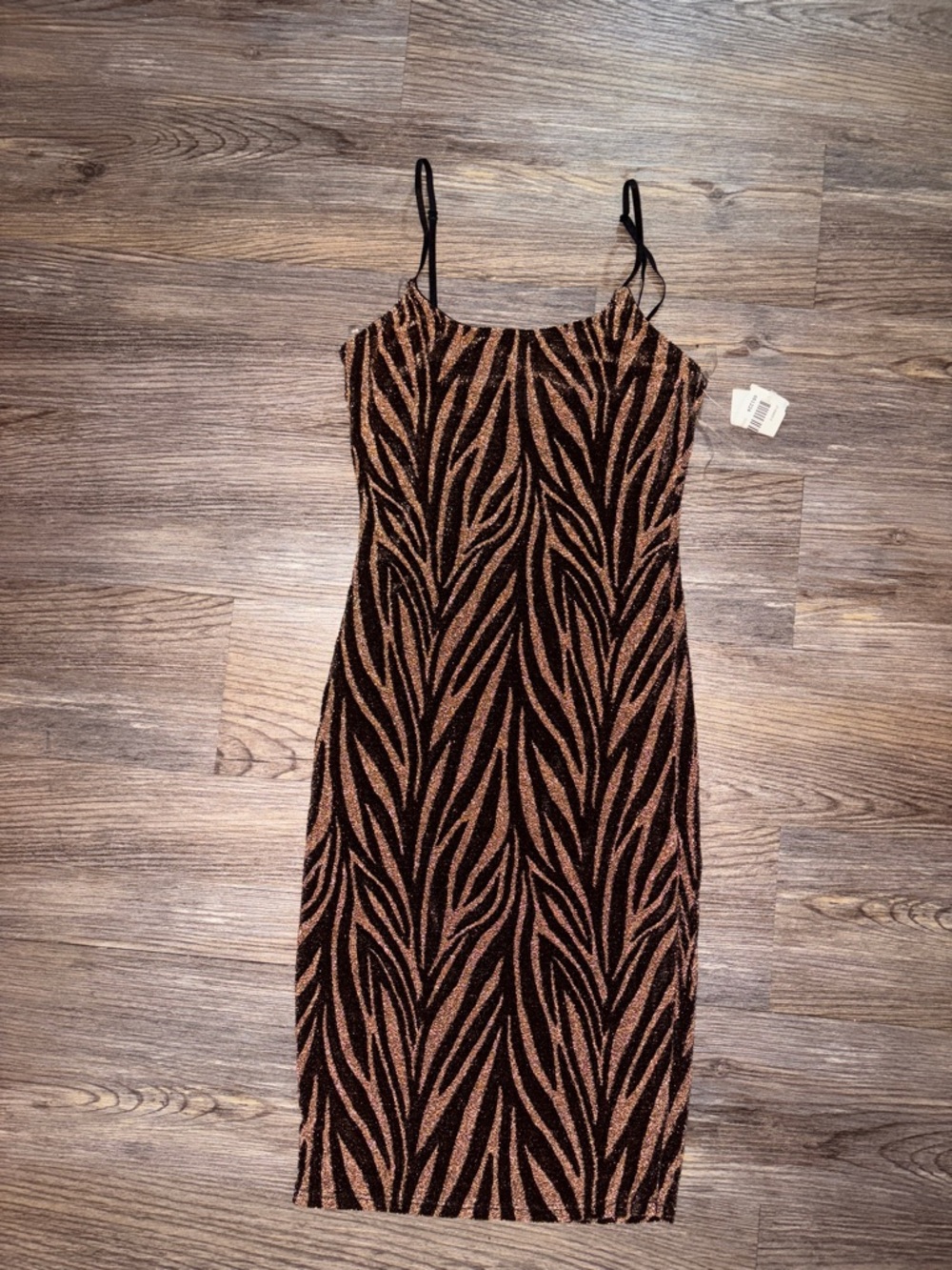 NWT Satin Zebra-Print Slip Dress in Black and Rose Gold